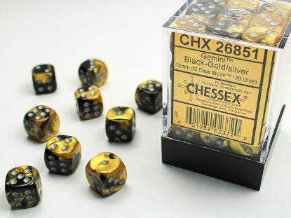 36D6 Gemini Black - Gold / Silver Dice Block - 12mm