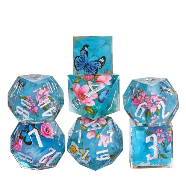 Butterfly Bloom Blue Handmade Resin Polyhedral Dice Set