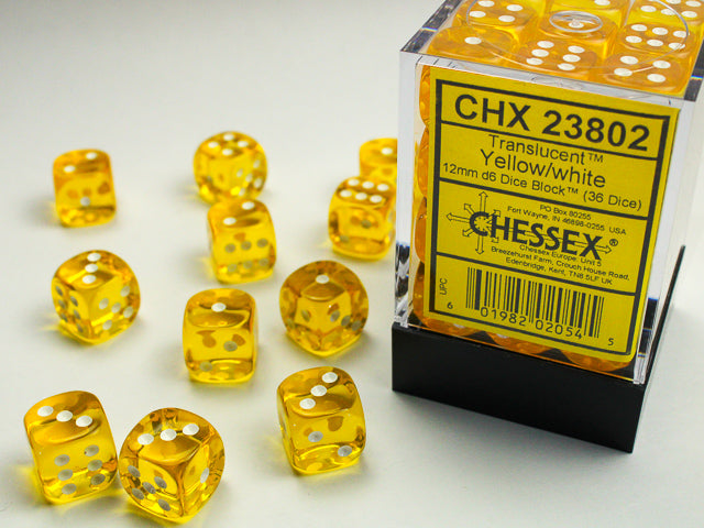 36D6 Translucent Yellow w/ White Dice Block - 12mm