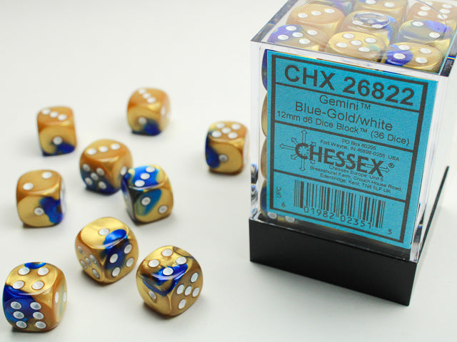 36D6 Gemini Blue - Gold w/ White Dice Block - 12mm