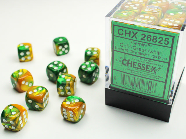 36D6 Gemini Gold - Green w/ White Dice Block - 12mm