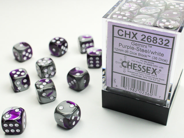 36D6 Gemini Purple - Steel w/White Dice Block - 12mm